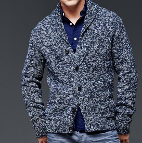 Express Cotton Shawl Collar Marled Chunky Knit Cardigan Preppy Grandpa Sweater L - Picture 1 of 12